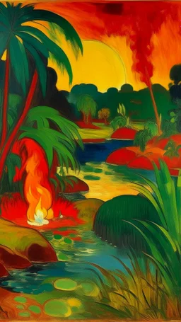 A red fiery psychic wetlands painted by Paul Gauguin