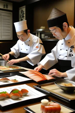 Resturant menu with Japanese chefs and sushi in the backround, different sushi menu choices