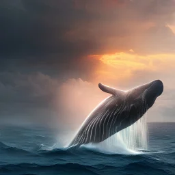 photograph of beautiful sperm whale jumping out of turbulent ocean water, stunning, magnificant, sunset sky, 8k resolution, high-quality, fine-detail, detailed matte, photography, illustration, digital art, Jeanloup Sieff, Marc Adamus, Ann Prochilo, Romain Veillon