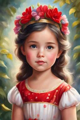 a painting of a little girl with a flower in her hair, realistic cute girl painting, adorable digital painting, princess portrait, painting of beautiful, portrait of snow white, beautiful character painting, portrait painting of a princess, photorealistic disney, disney art, cartoon painting, girl wears a red dress, disney artist, beautiful princess, fairytale artwork, cute young girl, disney character