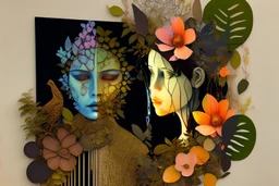 double exposure, dark night, Rainforest, flowers, birds, sleeping goddess merged layers, waterfall Patchwork and painting by Meghan Duncanson and Jennifer Lommers and Didier Lourenço in sunshine plastic 3D effect ochre, burlap, mirror foil in candlelight