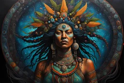 full body portrait painting of a female ayahuasca shaman with intricately detailed hair and facial features, traversing the multiverse of transformative and expanded consciousness, highly detailed in the surrealist style of Max Ernst and Bill Carman, sharply defined and detailed, 4k in dark moody natural colors