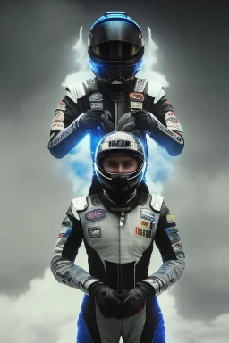 All Black racing suit AnnaSophia Robb, portrait, bright eyes, wearing high tech racing helmet, white smoke, dark, rage, sorrow, high definition, ultra 8 k, volumetric lighting, blue fire, fog