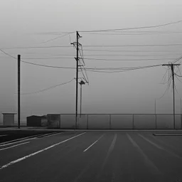 An empty carpark on a misty day. Telegraph poles and wires. Muted tones. Tilted horizon. With blotches, blurry areas and lens noise and grain. Hyper realistic Photo 4k