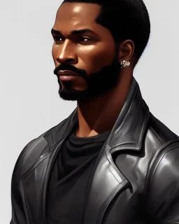 "MIddle aged black human male, with a trimmed but uneven beard, piercing eyes with slick back hair, full-scale head and shoulders portrait, 8k resolution concept art portrait by Greg Rutkowski, Artgerm, WLOP, Alphonse Mucha dynamic lighting hyperdetailed intricately detailed Splash art trending on Artstation triadic colors Unreal Engine 5 volumetric lighting Splash art fantasy"