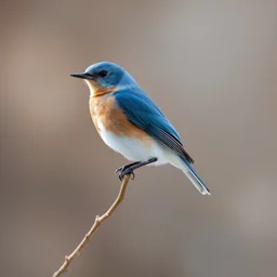 Create a realistic, detailed image of a mountain bluebird perched on a thin, bare branch. The bird should have bright blue plumage with a soft gradient to white on its belly. The background should be softly blurred, featuring neutral tones of brown and gray to create a serene and natural atmosphere. The focus should be on the bird, with soft natural lighting highlighting its vibrant colors.