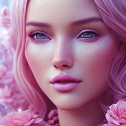 trees, pink, blonde hair, beautiful, whole face, hyperrealism, masterpiece, expert, cinematic lighting, sharp focus, 8K, pastel, macro lens, woman, detailed, flower