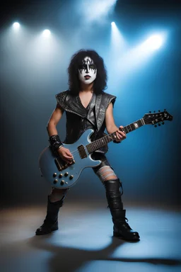 facial portrait - 10-year-old Paul Stanley of the band KISS is posing for his school picture with an electric guitar - Sparkling, Sky blue Background, professional quality studio 8x10 UHD Digital photograph by Scott Kendall - multicolored spotlight, Photorealistic, realistic stock photo, Professional quality Photograph. colored Fog