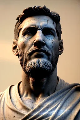 Ultra Realistic image, roman sculpture, white marble material, Lionel Messi, gold winner Laurel crown, miguel angel style, chisel style, emperor, waist up portrait, epic, celestial, cinematic lighting, God light, god rays, 4k resolution, smooth details, ornate details, soft lighting, unreal engine 5, sky and clouds background.