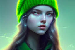 girl, cute, beautiful, long hair, wavy hair, green hair, blue eyes, green beanie, green coat, black tee shirt, head and shoulders portrait, 8k resolution concept art portrait by Greg Rutkowski, Artgerm, WLOP, Alphonse Mucha dynamic lighting hyperdetailed intricately detailed