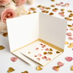 A photo of a white folded card, 5.5 by 4.25 inches. The card is vertically positioned on a beautiful white surface, positioned between rose petals and litte golden hearts.