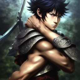 Young Male warrior, Anime Key Visual, by Kentaro Miura, Deep Color, Intricate, 8k resolution concept art, Natural Lighting, Beautiful Composition head and shoulders portrait, 8k resolution concept art portrait by Kentaro Miura, Artgerm, WLOP, Alphonse Mucha dynamic lighting hyperdetailed intricately detailed Splash art"