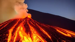 Massive volcano erupting with smoke and fire and ash