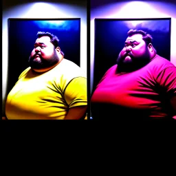 (fineart:1.5, masterpiece1.5) (realism:1.5) award winning picture of award winning fat, beardedd, 'fat man' (watching tv:1.8),, two panels, 50 percent is taken from the pov of the tv, the other 50 pefect is from the point of view of 'fat man', his vision streaks of blue from the tv shining in his eyes, breaking news is on tv