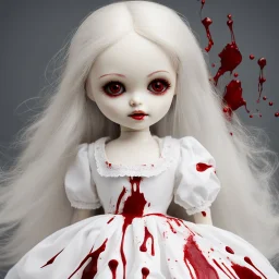 A girl's doll wearing a white dress with red blood bleeding from the back