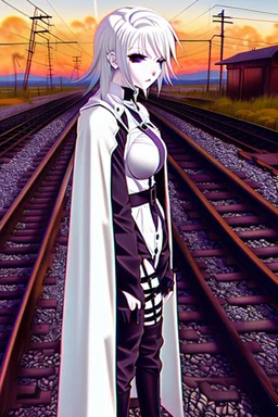 close-up gothic anime girl, white hair, tight outfit with gun on thigh, standing on a train track, smoke and fire surroundings, she is dull and dark, looks determined , train approaching behind her,