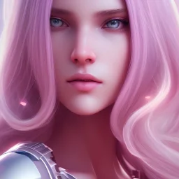 Portrait of cyber girl, long blond hair, pink lips, extremely sharp detail, finely tuned detail, ultra high definition, 8 k, unreal engine 5, ultra sharp focus, accurate sword wings, positive smile, highlight luminous suit blue and pink