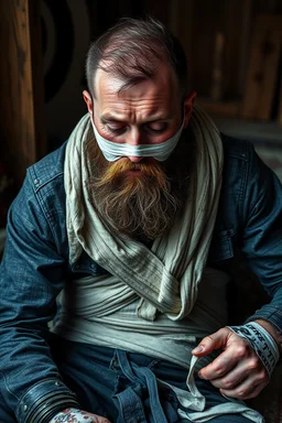 a very sad hurt swedish motorcycle young gang man with beard, he is covered all the body with bandage and are in deep pain, bandage all over him, cripple, lying on the floor