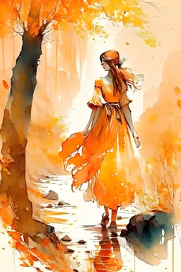 Girl in short Ancient Greek dress walking in autumn forest cheery dreamy orange water color