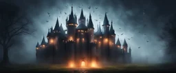 Hyper realistic huge haunted castle in a heavy foggy night with fireflies