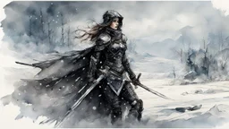 A female warrior in black armor on the background of a cold snow-covered country, ice and crystal, frost and snow,, light watercolor sketch, by Leonid Afremov & Benedick Bana & Atelier Olschinsky & Ian McQue