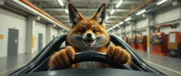 car driving happy 2d fluffy orc fox with human hands in the style of Escher and Giger and Fallout 4, pinhole cam, airbrush 3d rendering, on tv screen:A five-second cinematic single take in a clean industrial presentation hall.