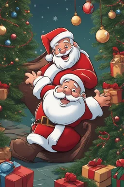 smilling santa claus next to christmas tree, disney and pixar style