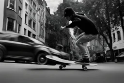 a black and white photo of a man on a skateboard in front of a, inspired by Jens Søndergaard, a screenshot, featured on dribble, digital screenshot, dutch camera view, chasing a robber down a street, screenshots, video, still from a music video, odd, unsettling, absurd, glitch deconstruction