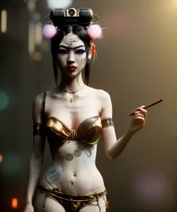 Ultra realistic, steampunk , , cabaret scene. Geisha Asian woman. alien people, smoke, happy, color fog, people background, highly detailed, concept art, unreal engine 5, god rays, ray tracing, RTX, lumen lighting, ultra detail, volumetric lighting, 3d, finely drawn, high definition, high resolution.