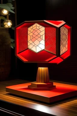table lamp influence by kimono traditional japanese fashion, retro-modern style design, hexagon form,red and white colour