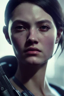 portrait,beautiful gun girl robot, post-apocalyptic in a cyberpunk city, realistic, intriacte detail, sci-fi fantasy style, volumetric lighting, particales,highly detailed,cinamatic, deep