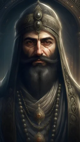 Islamic, Majestic, Beautiful, Giant, Fantasy World, Clear View, Handsome Facial Features with Black Beard, Accurate Details, Robe, Headdress, Background