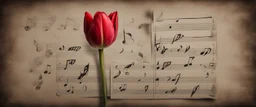 Hyper realistic red tulip on the side of a vintage paper with harmonica instrument & small musical notes with dark background