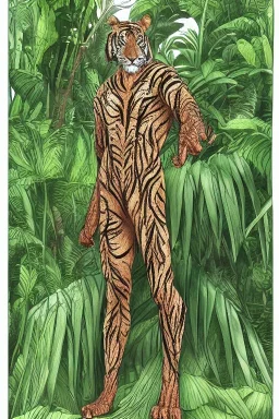 Rainforest, tall hybrid of human and tiger walking, frontal, model style, hyper realistic, accurate, delicate, extremely detailed, Graphic novel style, wide-angle, front view, open aperture, superfine pencil