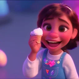 cute, smileing girl eating ice cream, candies flying all around her, Pixar, disney, cinema lighting, gaming, 8k, magic, love --q 1 --v 4