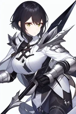 Anime girl with short black hair and sharp green eyes holding a spear, black and white metal armour,