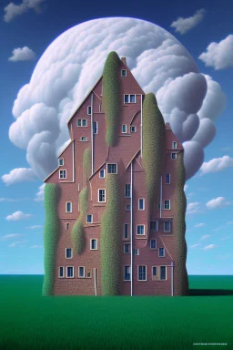 A surreal landscape with odd houses in René Magritte style