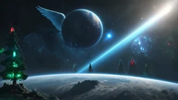 few planets on the back ground. small and large red, blue, and green crystals of tiberium monoliths on the right side, 7 space trees on the left side of the angel. matrix, god creation