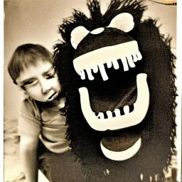 Old photo grandma, lion, zip mouth toy, h r giger, alien child, scared