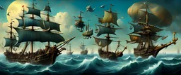 The left of the image is the 'Hieronymus Bosch' sky-pirate-ship fleet floats high above the oceanless land. The right side of the image is the 'Salvador Dali' pirate-sky-whales fleet (mostly a whale but the top is a pirate ship with masts & rigging & sails unfurled, with cyber pirates looking down and waving) float high above the dry fertile land. The epic broard hilly dry fertile landscape is in the style of 'M C Escher'. Ultra high detail, photoreal, epic cinematic, 8K, Large depth of field