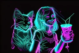 black background, outlines of a holographic happy girl with a cocktail and cat drawn from thin neon-coloured glowing lines