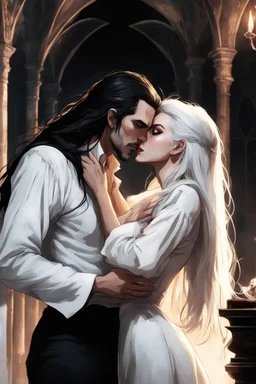 Strahd Von Zarovich being kissed by a beautiful woman with white hair, wearing an off the shoulder dress. Settling and background are a lavish toomb with an ebony coffin.