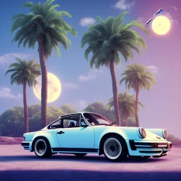 1980's aesthetic vaporwave palm trees with moon with porsche in autumn with lightning