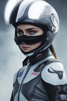 Black racing suit AnnaSophia Robb, portrait, bright eyes, wearing high tech racing helmet, white smoke, dark, rage, sorrow, high definition, ultra 8 k, volumetric lighting, blue fire, fog