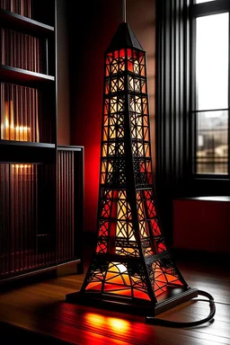 gaming table lamp inspired by burj khalifa tower buliding architecture futuristic-modern stlye. geometric form, red and black color scheme