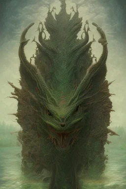 high-quality, fine-detail beautiful, dark green dragon head portrait, clear reflective lake, tranquil, stunning, 8k resolution, intricate, digital art, detailed matte, volumetric lighting, George Grie, Anne Dittman, Anne Stokes, Lisa Parker, Selina French, Alphonse Mucha