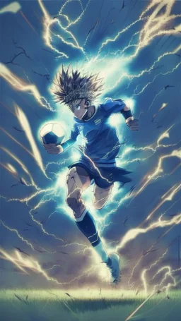 anime soccer player running covered in lightning