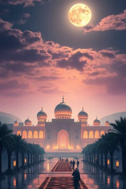 a beautiful moonlit Arabic scene. atmospheric. huge palace and immense view of the night sky. hyper-realism.