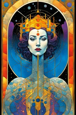 Create a chaotic abstract cubist Tarot Card depicting , The Queen of Swords , with highly detailed facial features, in the style of Bill Sienkiewicz, Philippe Druillet, Gustav Klimt, and Jean Giraud Moebius, precisely drawn, colored and inked, with ornate bordered edges