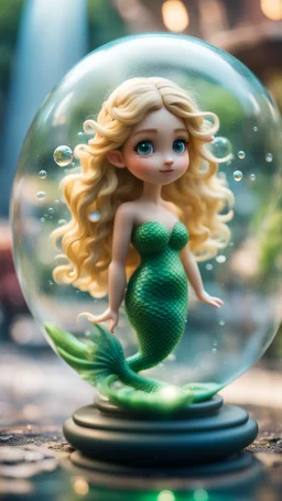 portrait of tiny green mermaid winged fairy with blonde swirly hair completly inside crystal ball bubble at the train station under waterfall,bokeh like f/0.8, tilt-shift lens 8k, high detail, smooth render, down-light, unreal engine, prize winning